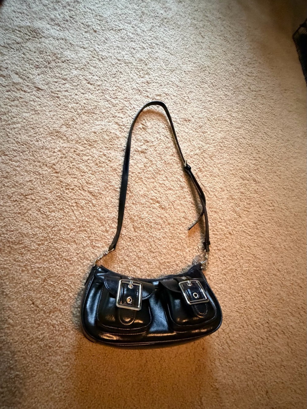Black Leather Shoulder Bag with Buckle Pockets